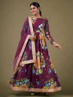 Stunning Purple Floral Printed Georgette Event Wear Gown With Dupatta