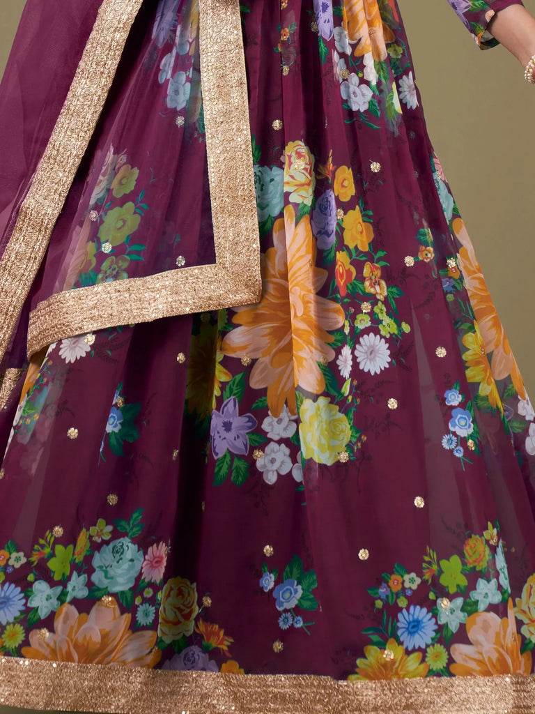 Stunning Purple Floral Printed Georgette Event Wear Gown With Dupatta