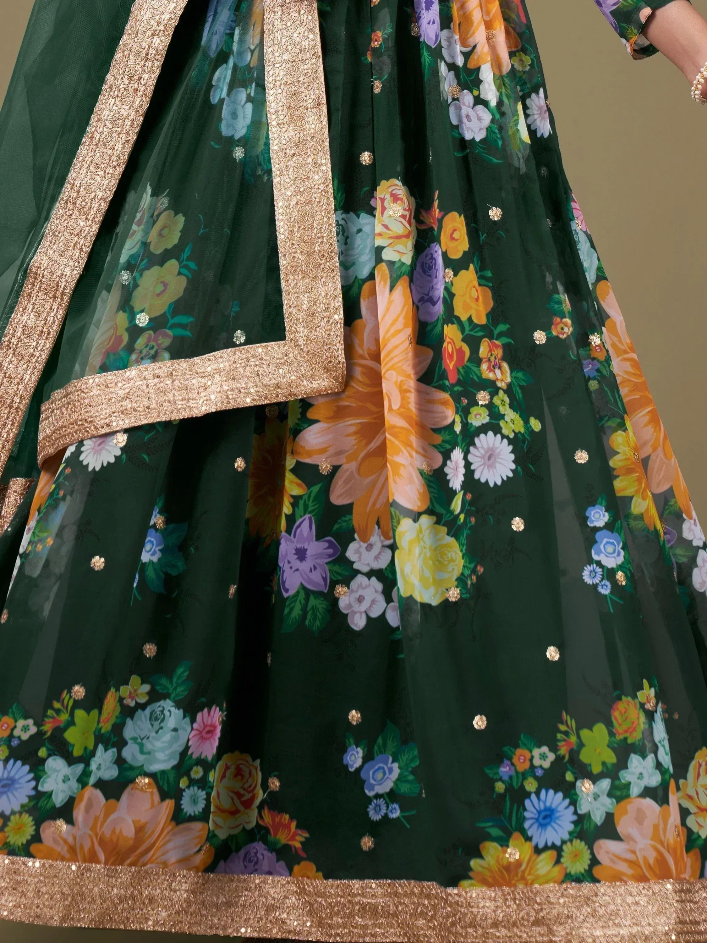 Green floral lehenga choli with gold embroidery and sequins, Indian ethnic wear