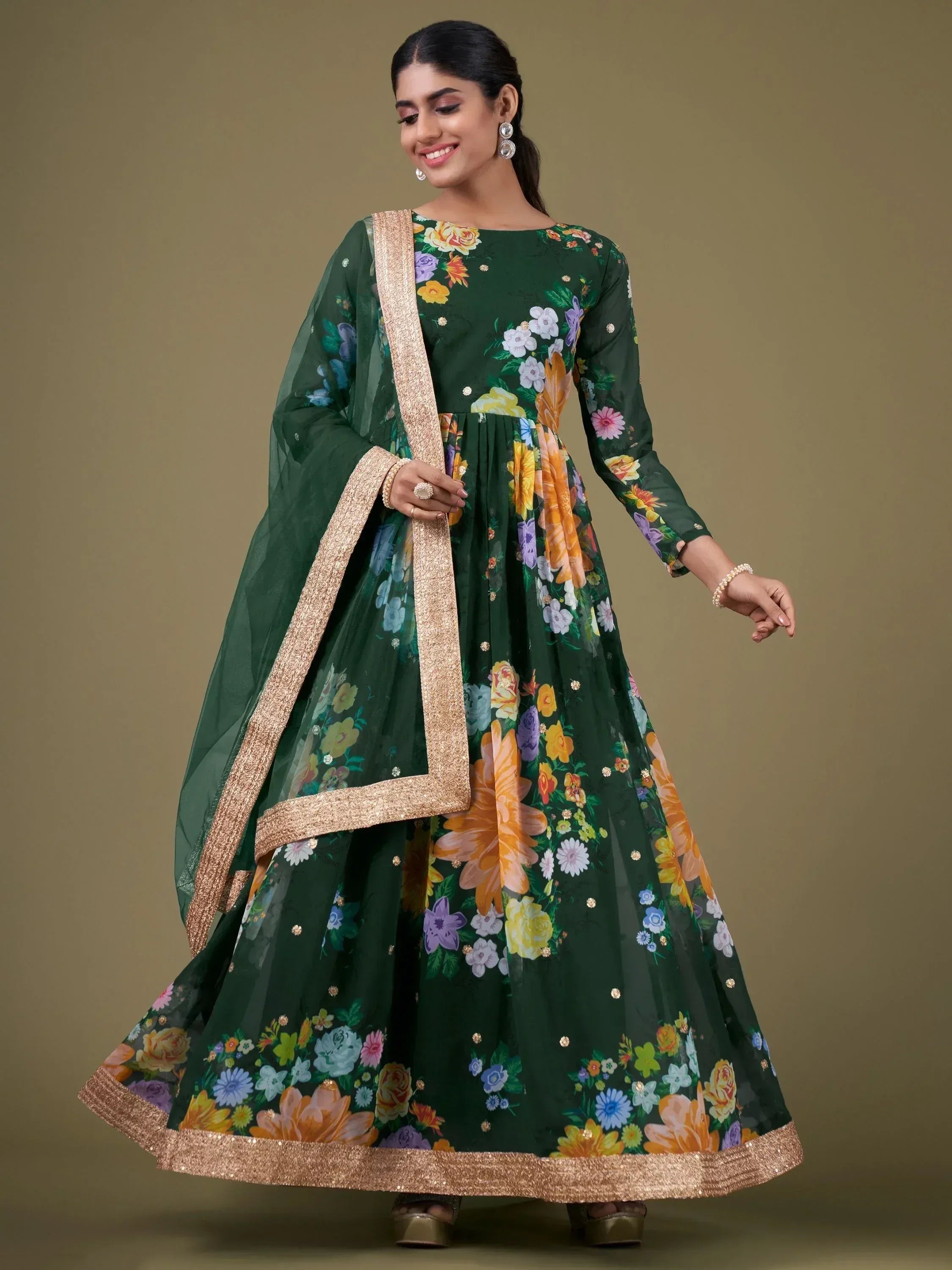 Green floral print anarkali suit with gold border, ethnic Indian wear for women