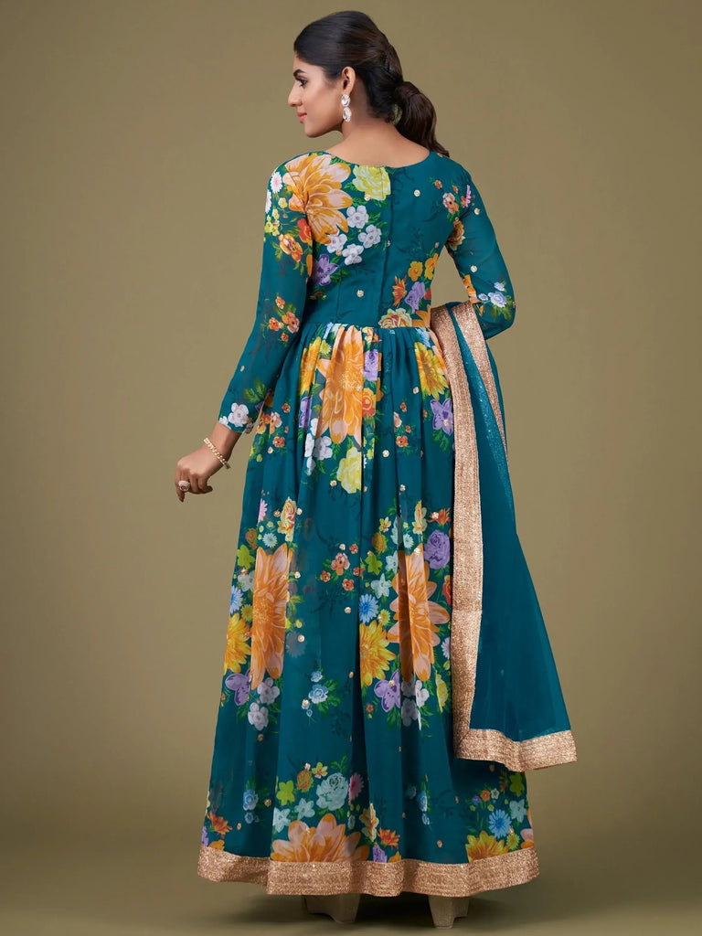 Astonishing Teal Blue Floral Printed Georgette Function Wear Gown