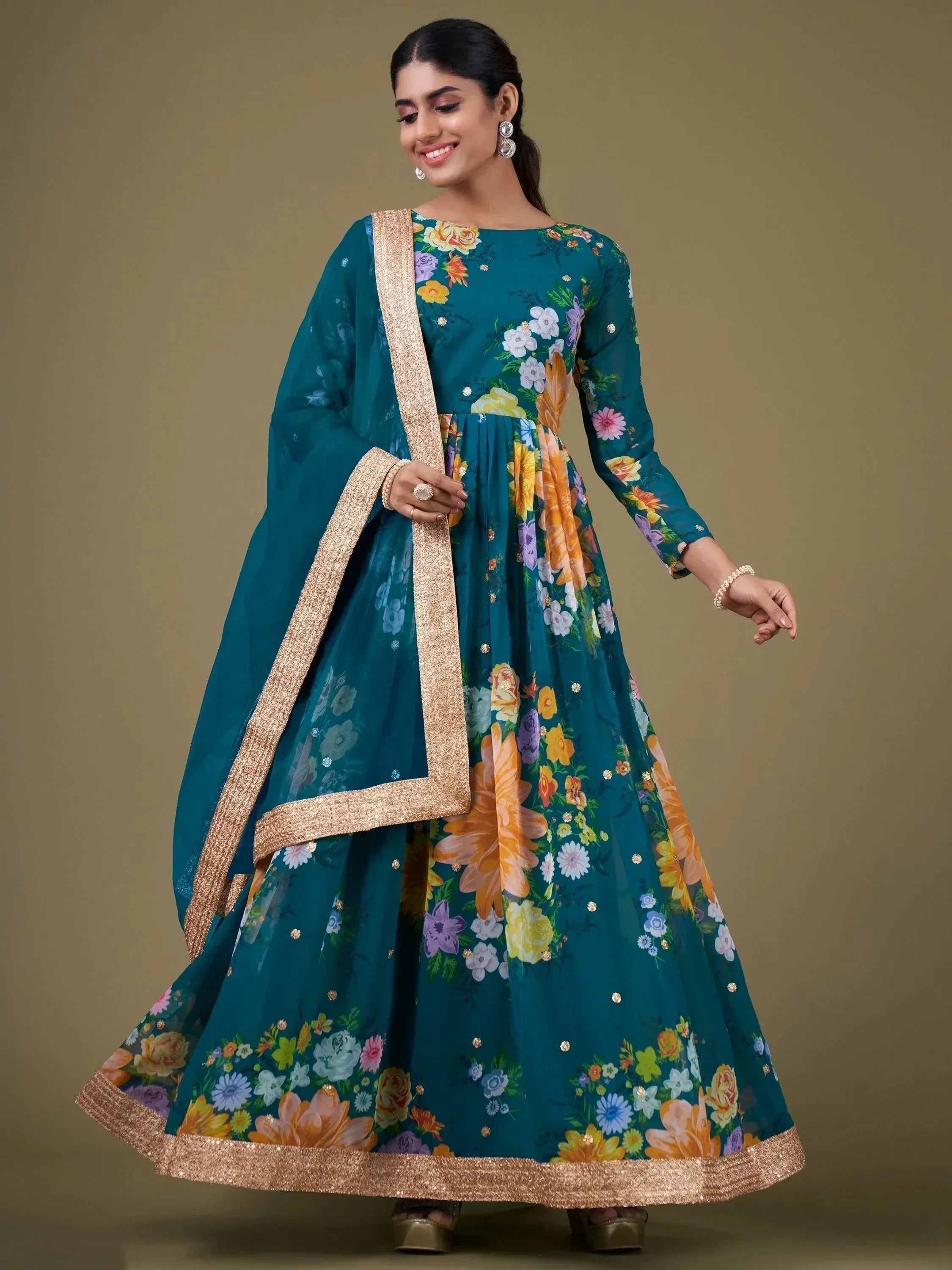 Teal floral print anarkali with gold trim, ethnic Indian wear for women