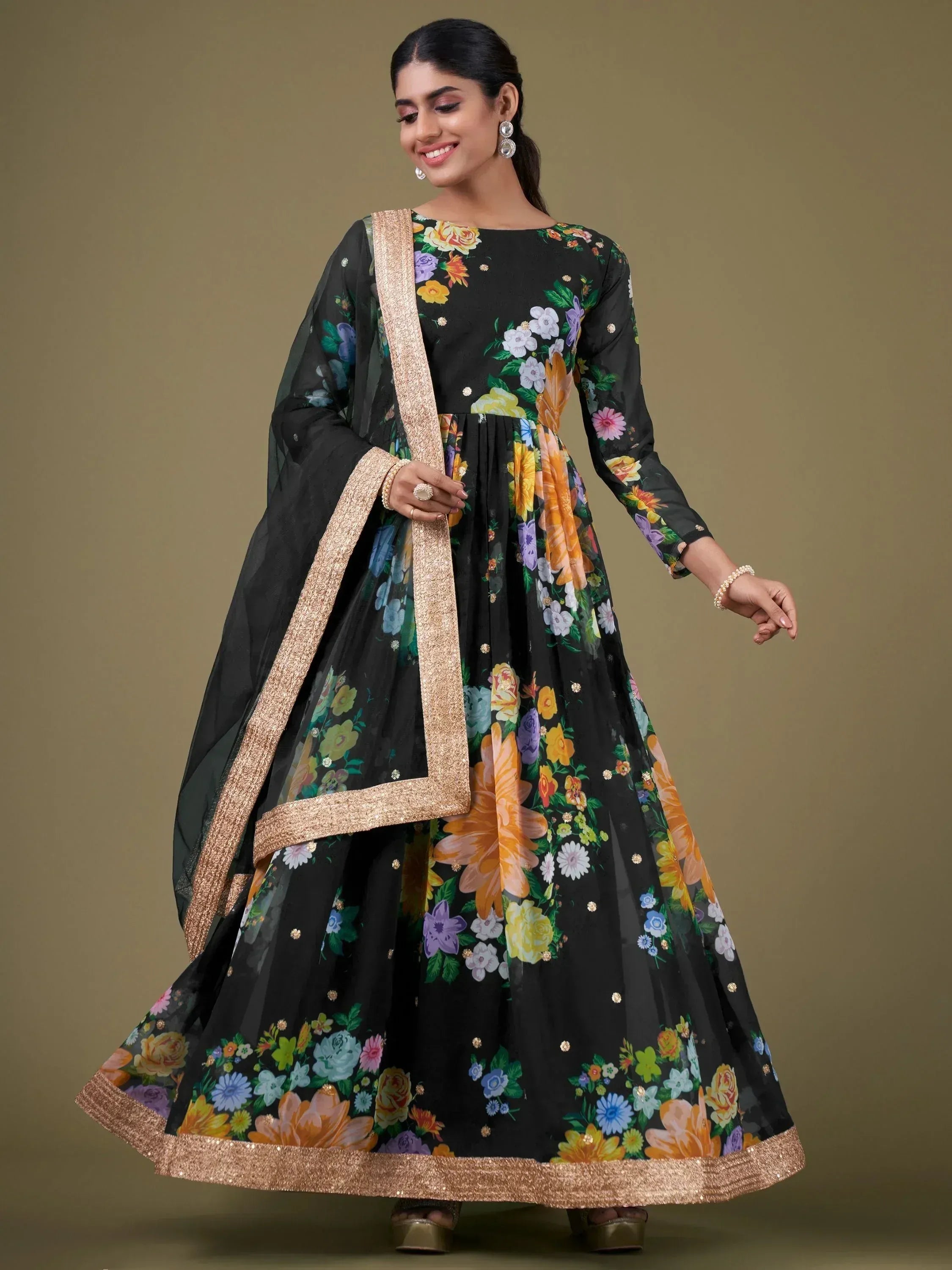 Black floral print anarkali suit with gold trim, Indian ethnic wear for women