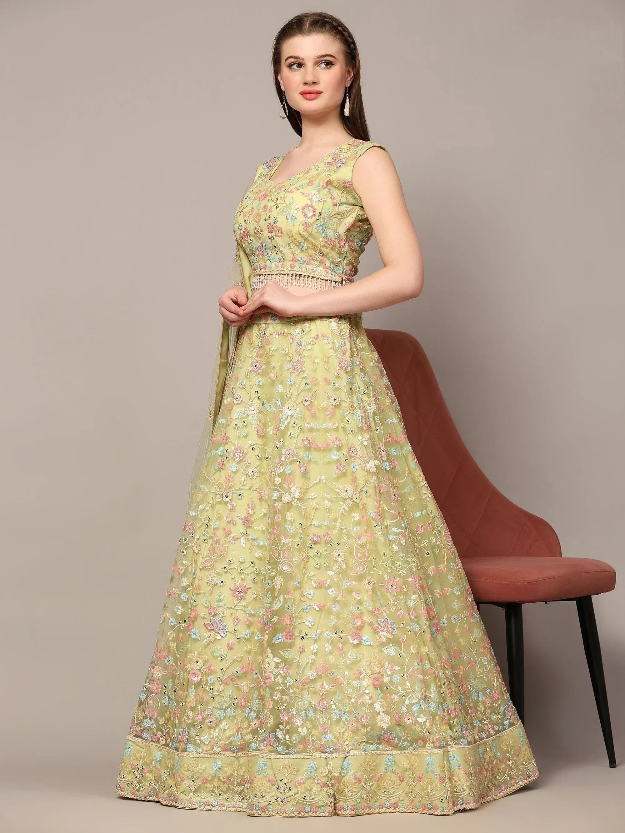 Pastel green floral embroidered lehenga choli for women, Indian ethnic wear with detailed craftsmanship