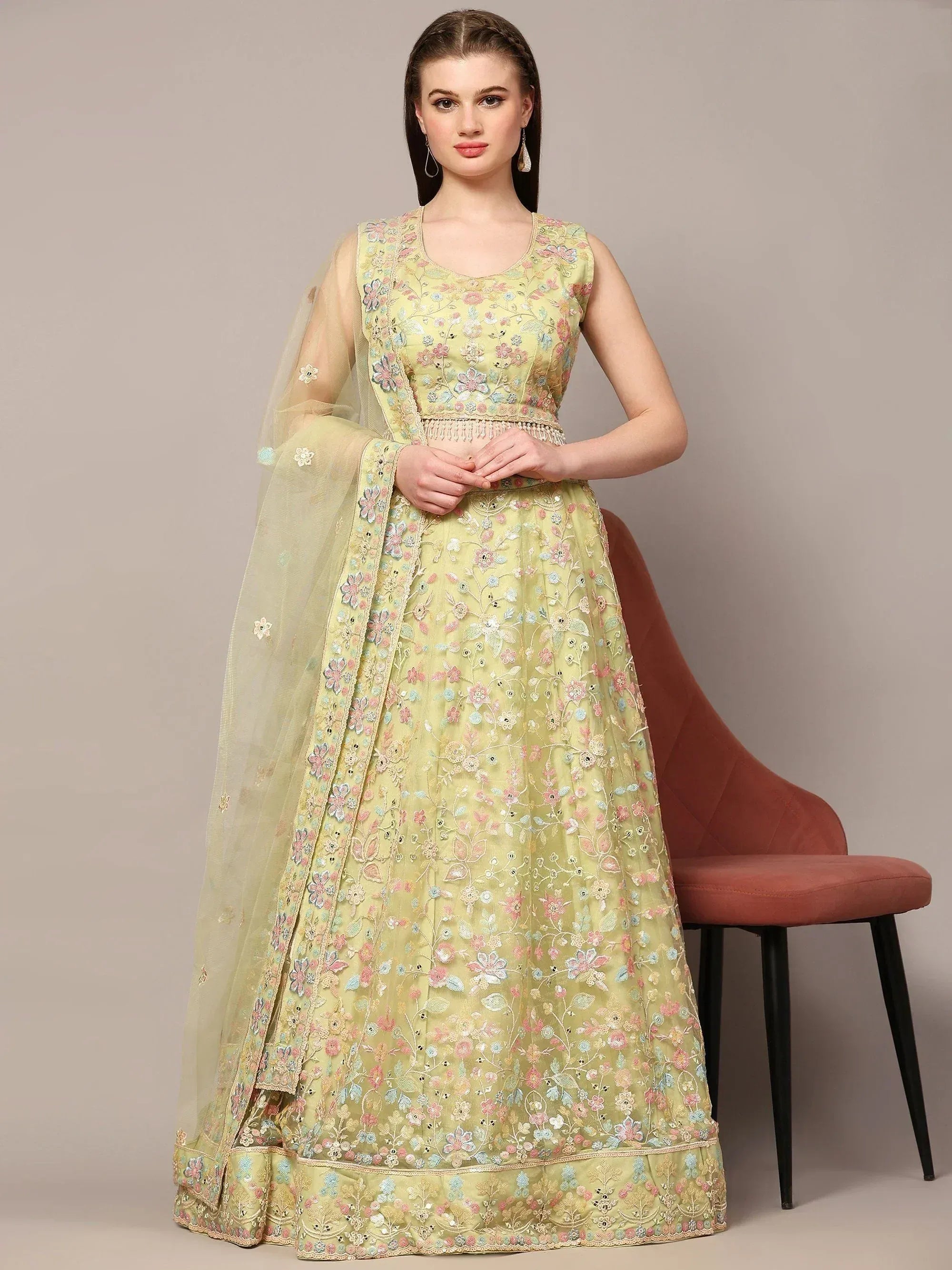 Light green floral embroidered lehenga choli with sheer dupatta, perfect for Indian ethnic occasions