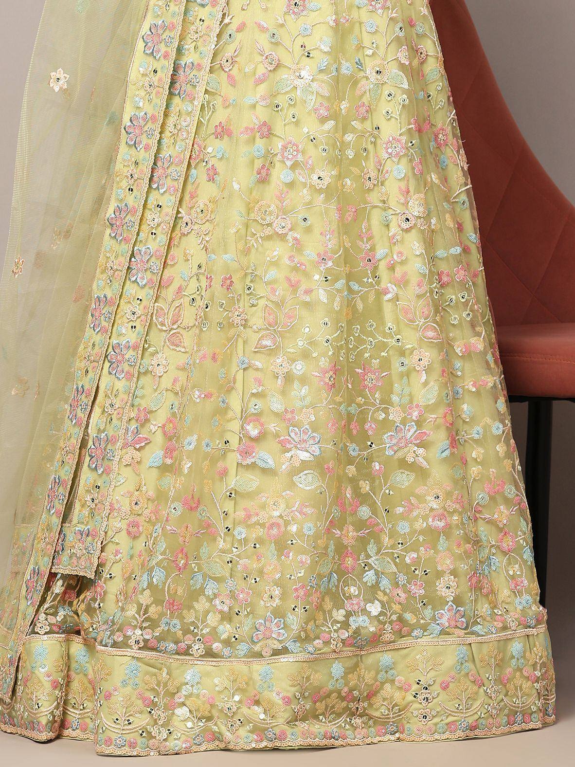 Pastel green lehenga choli with floral embroidery and sequins, perfect for Indian ethnic wear occasions