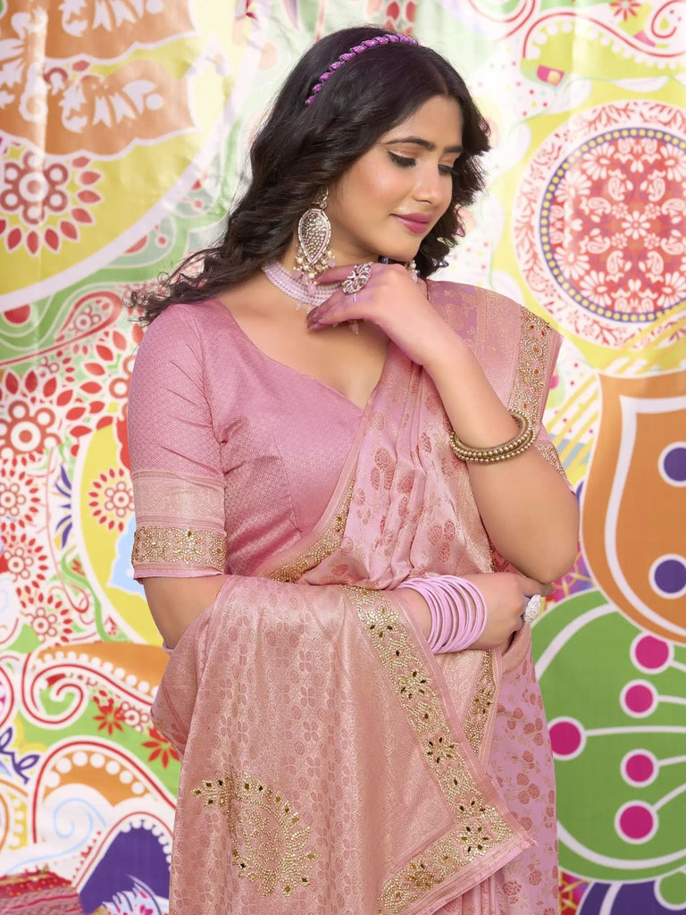 Awesome Pink Zarkan Work Satin Sangeet Wear Saree With Blouse