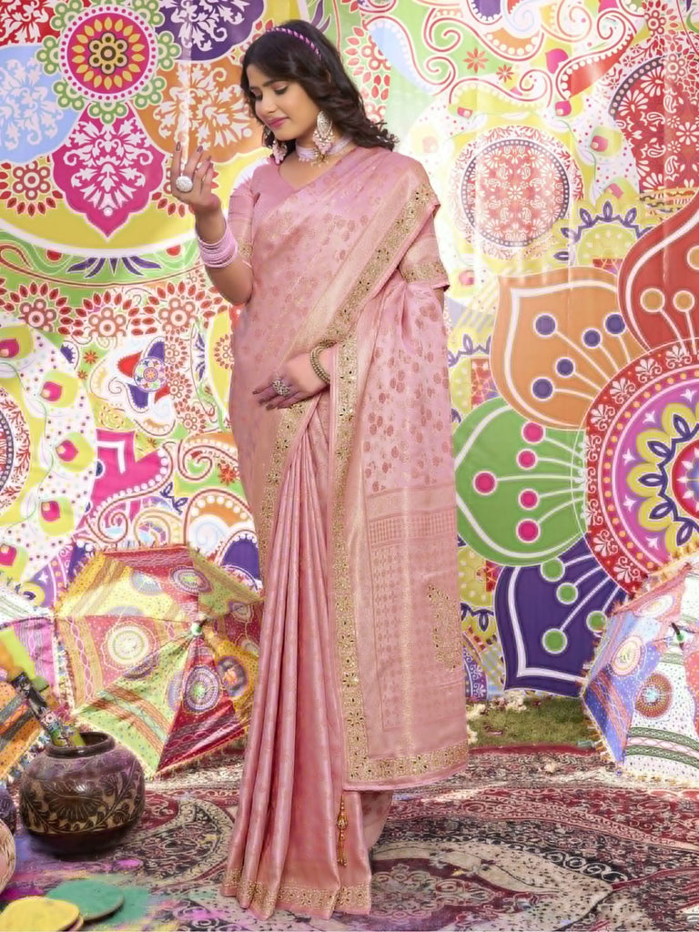 Awesome Pink Zarkan Work Satin Sangeet Wear Saree With Blouse