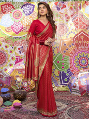 Amazing Red Zarkan Work Satin Wedding Wear Saree With Blouse