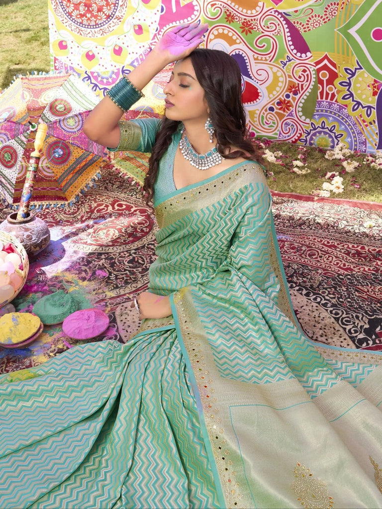 Wonderful Sea-Green Zarkan Work Satin Function Wear Saree With Blouse
