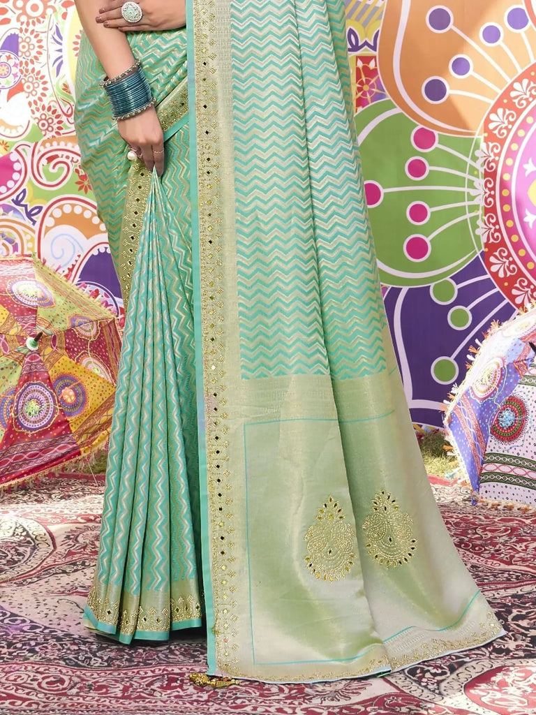 Wonderful Sea-Green Zarkan Work Satin Function Wear Saree With Blouse