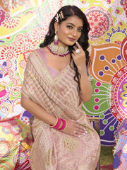 Fabulous Peach Zarkan Work Satin Engagement Wear Saree With Blouse