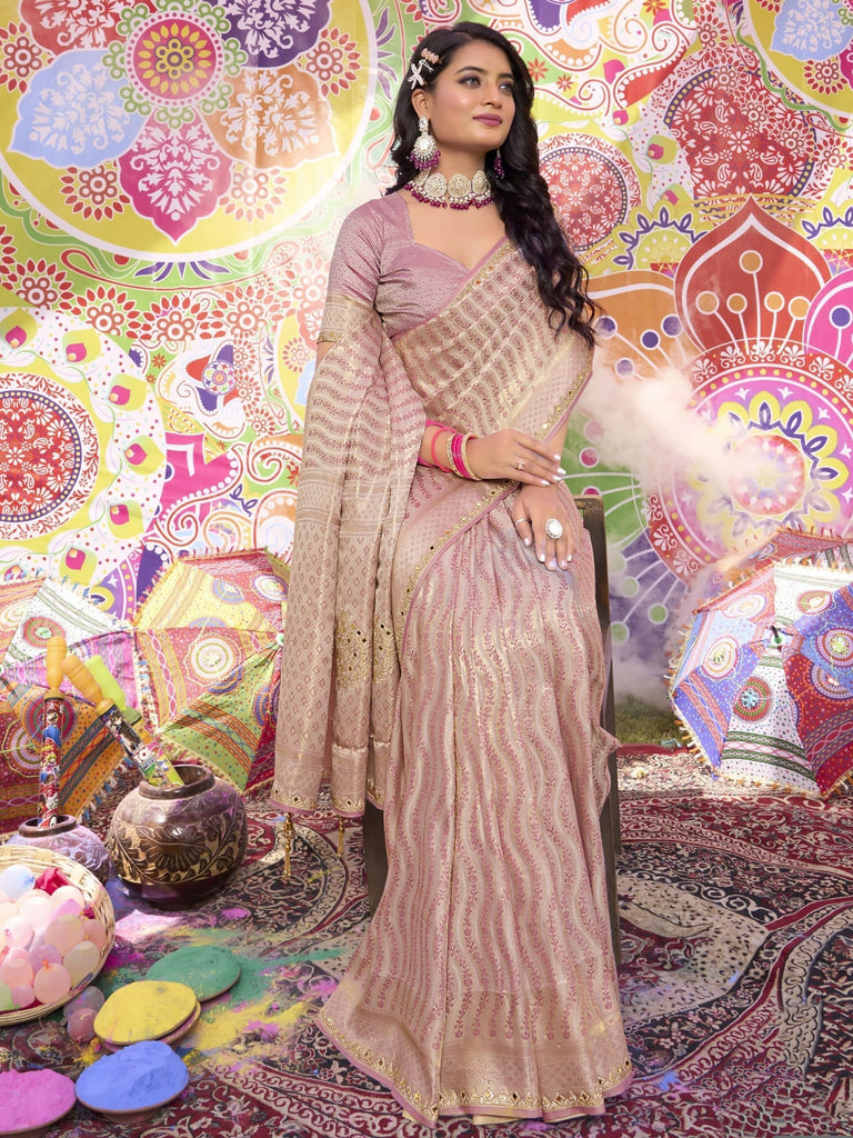 Fabulous Peach Zarkan Work Satin Engagement Wear Saree With Blouse