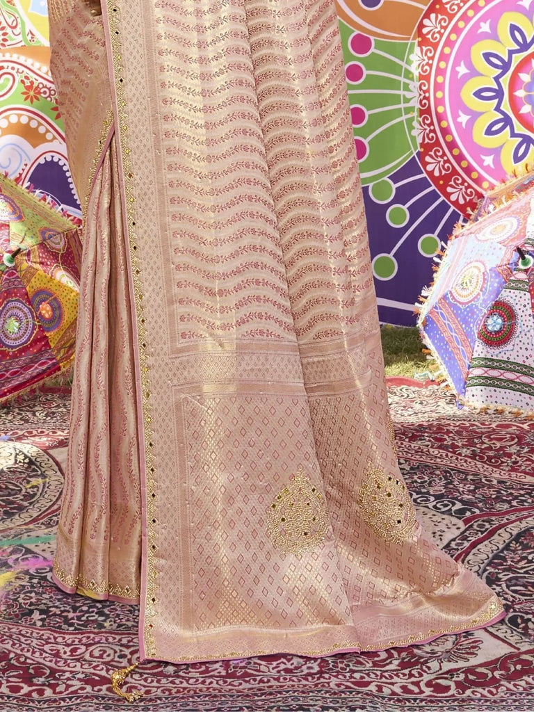 Fabulous Peach Zarkan Work Satin Engagement Wear Saree With Blouse