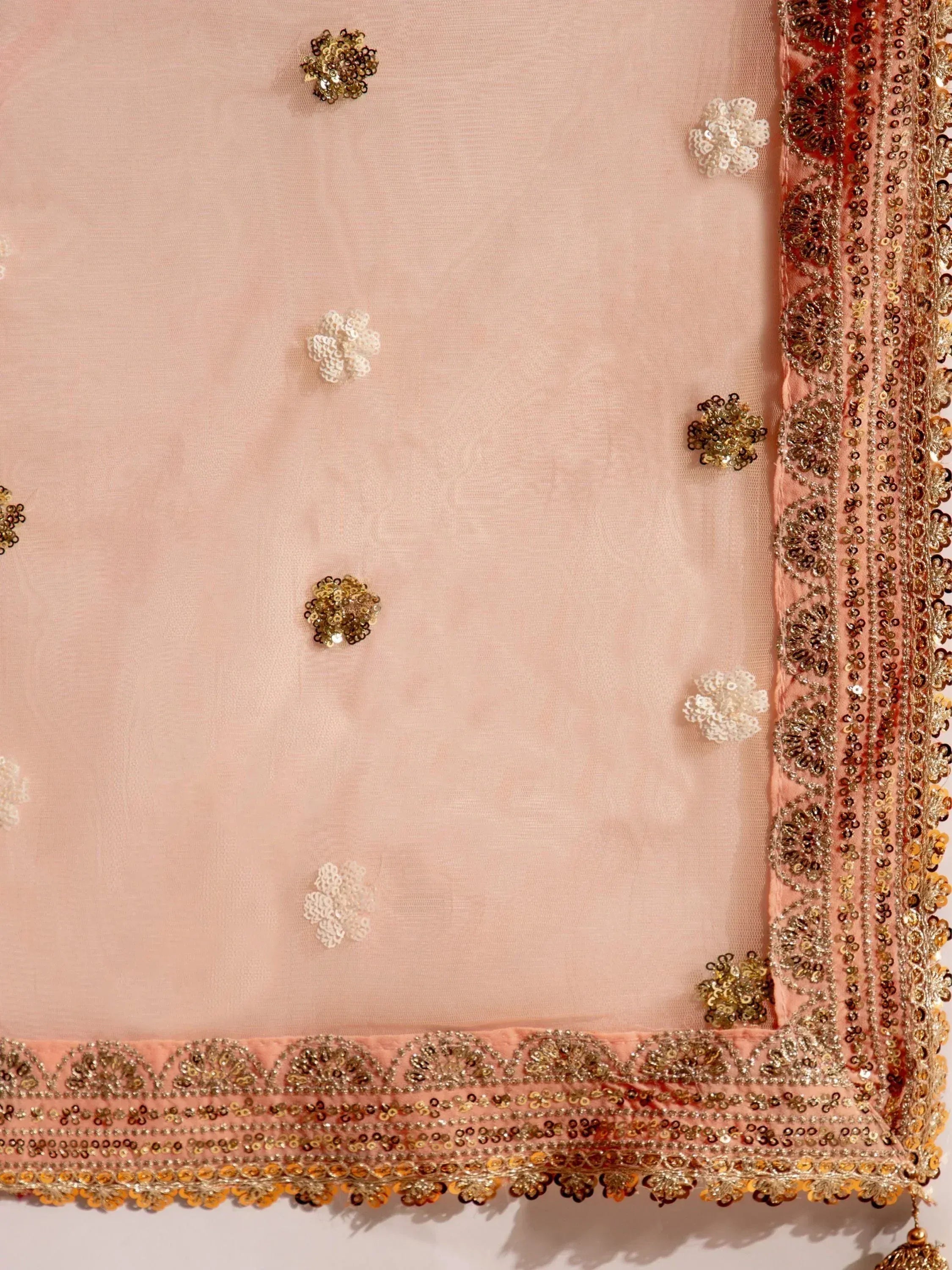 Pink ethnic dupatta with gold sequin floral embroidery and ornate border detailing