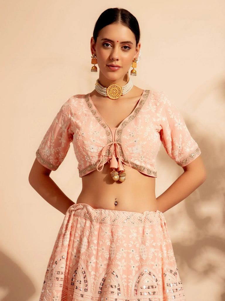 Precious Peach Thread Work Georgette Bridesmaid Lehenga Choli