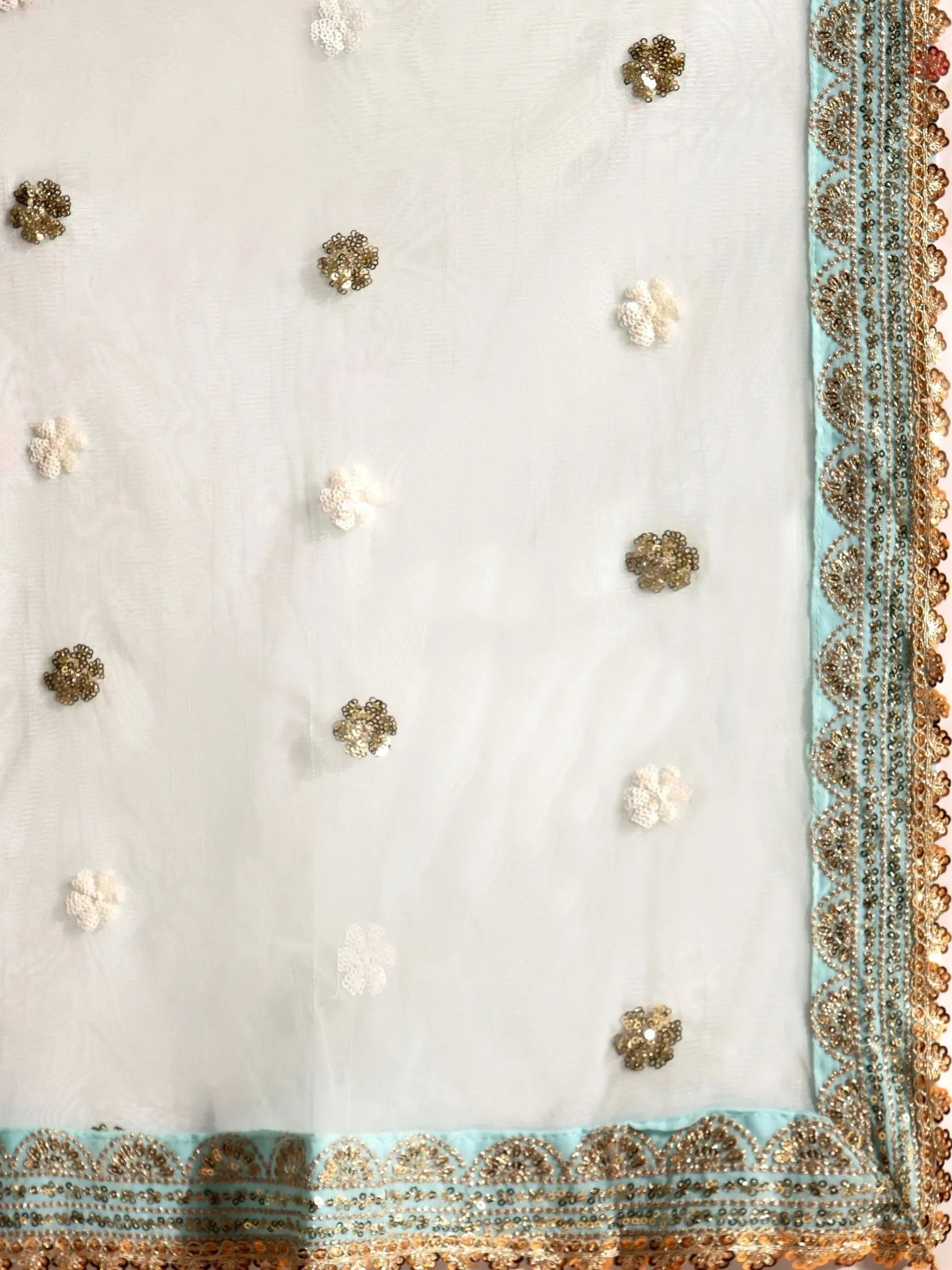 White ethnic dupatta with gold and white floral sequin embroidery and light blue border