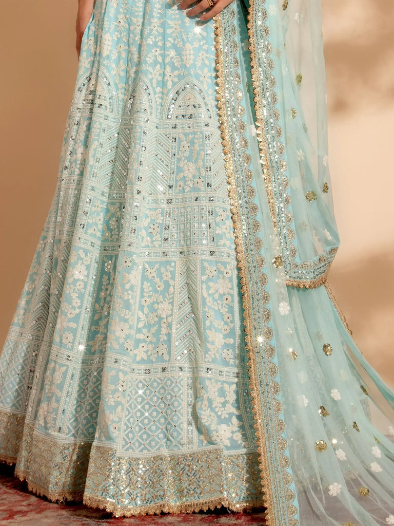 Attractive Sky-Blue Sequins Georgette Sangeet Wear Lehenga Choli