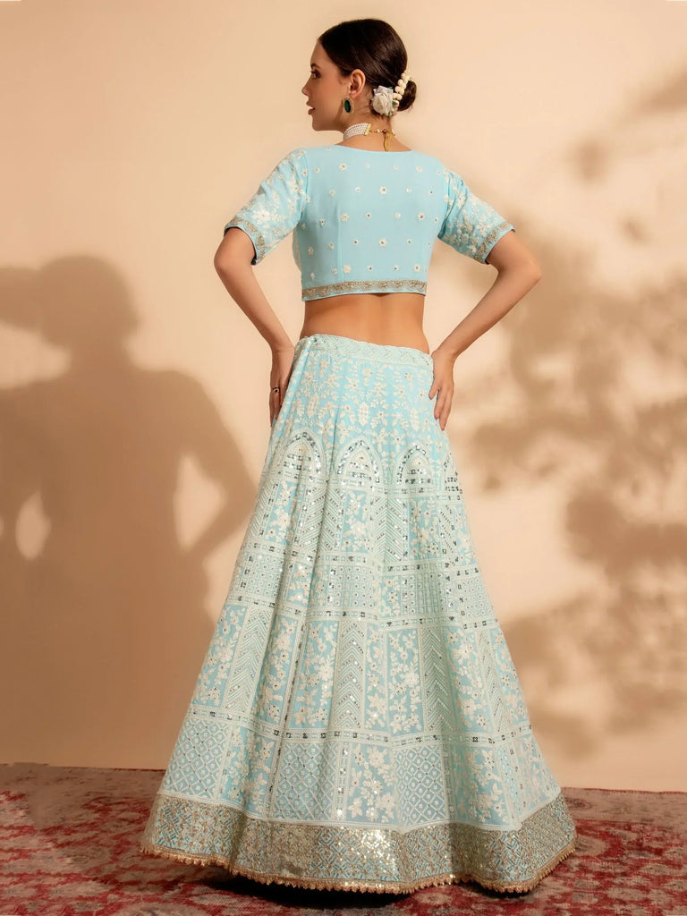 Attractive Sky-Blue Sequins Georgette Sangeet Wear Lehenga Choli