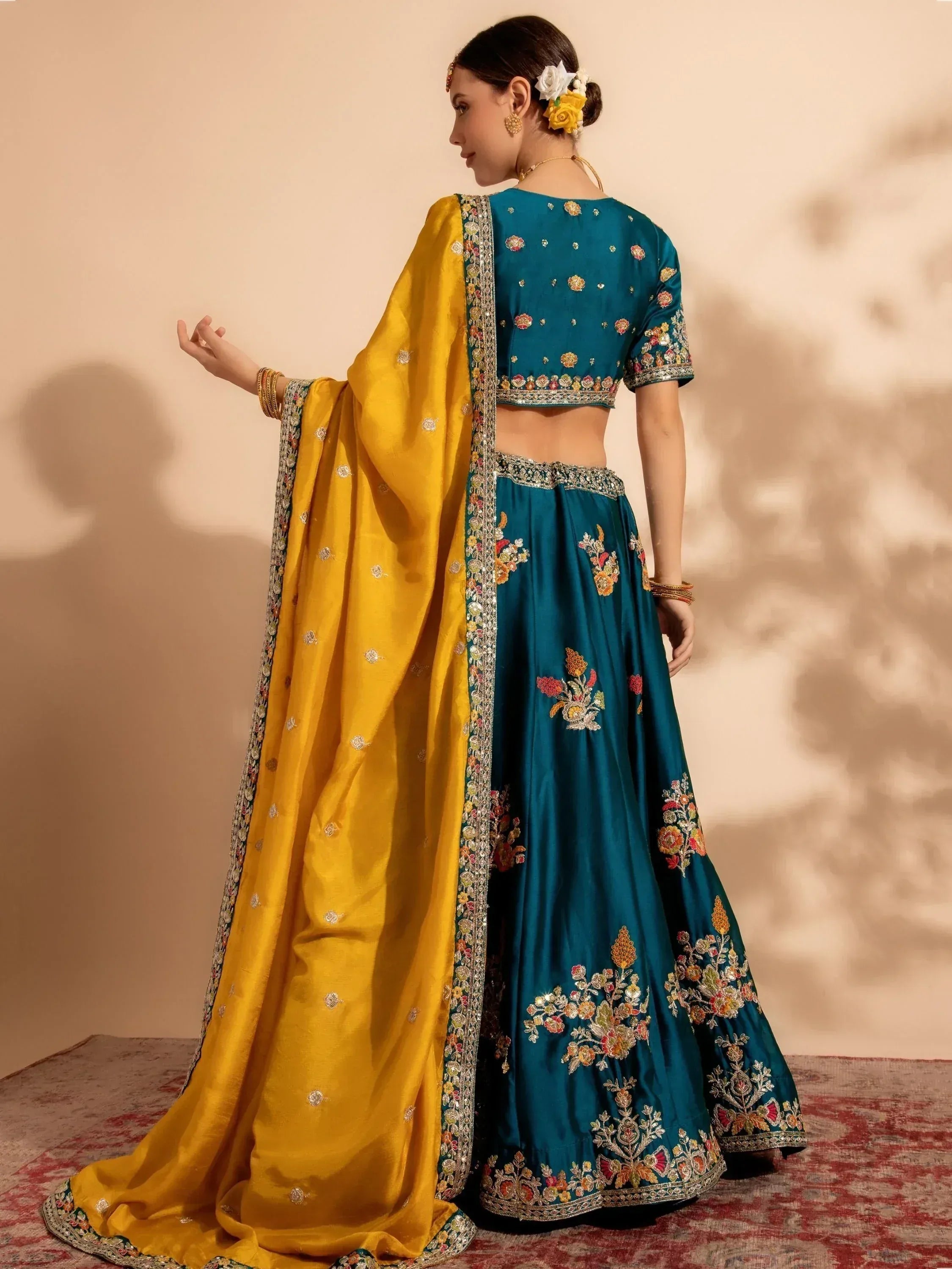 Teal embroidered lehenga choli with yellow dupatta, Indian ethnic wear for women