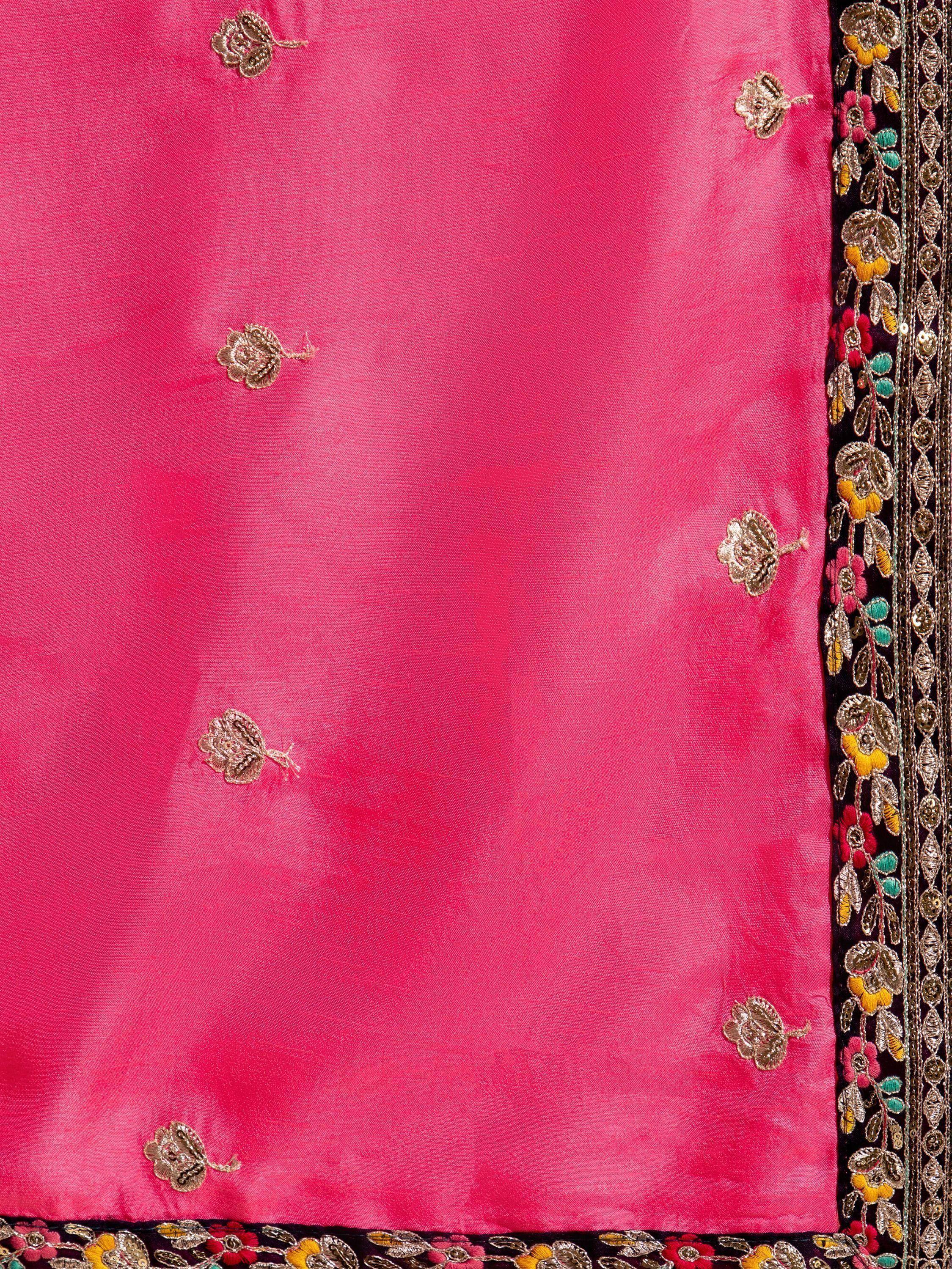Pink ethnic wear fabric with gold floral embroidery and colorful border detailing