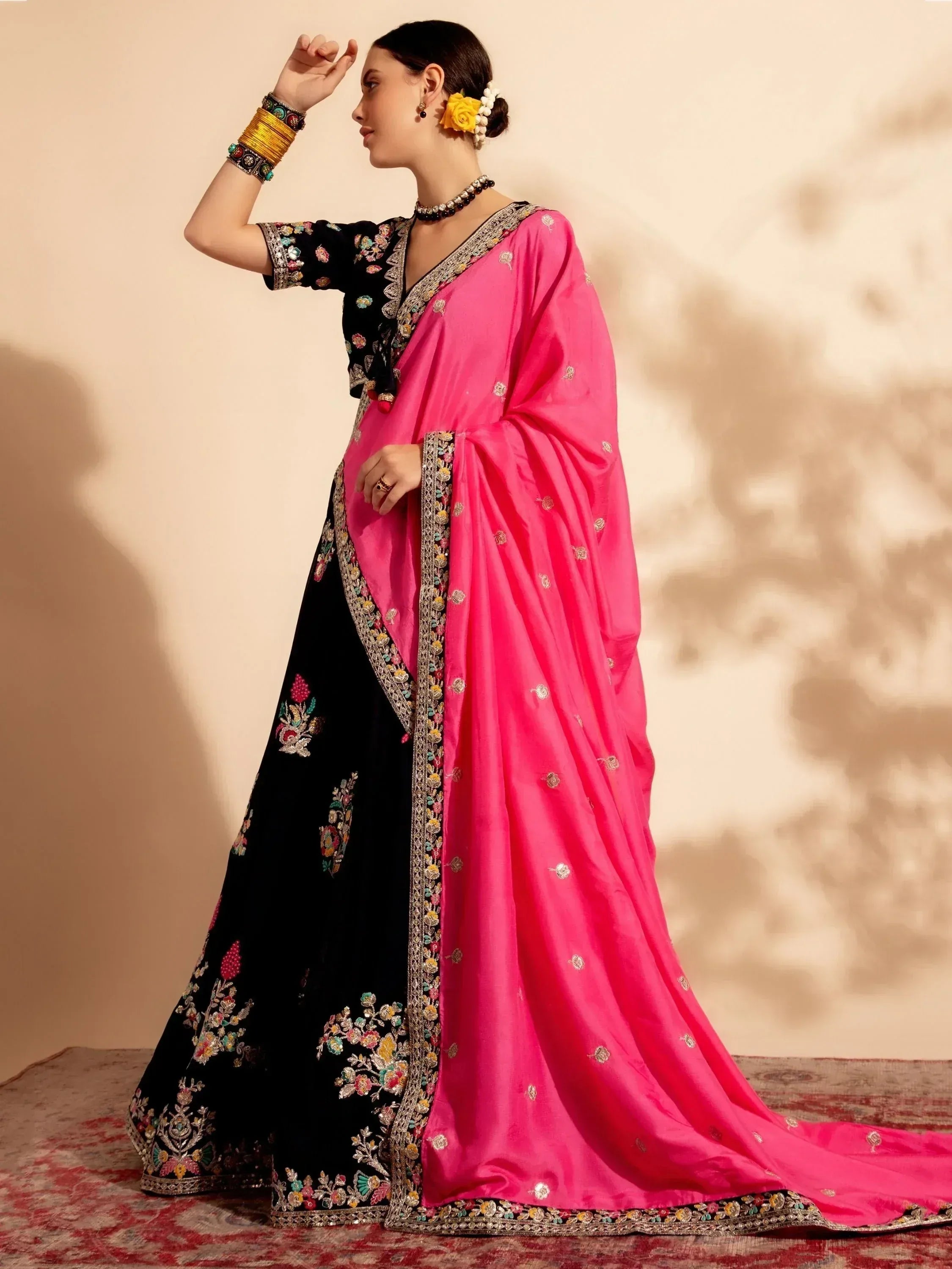 Black floral embroidered salwar kameez with pink dupatta, Indian ethnic wear for women
