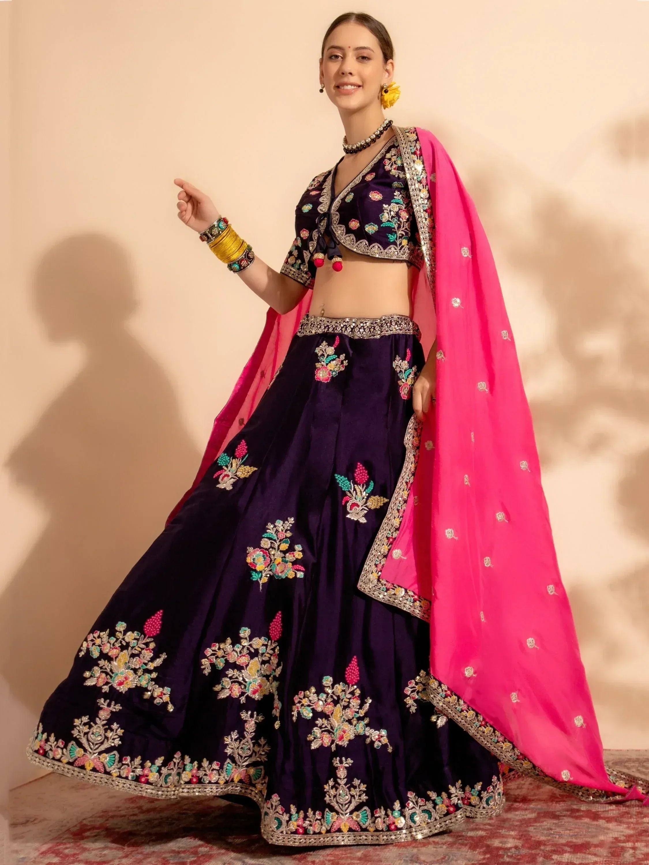 Purple embroidered lehenga choli with pink dupatta, Indian ethnic wear for weddings and festivals