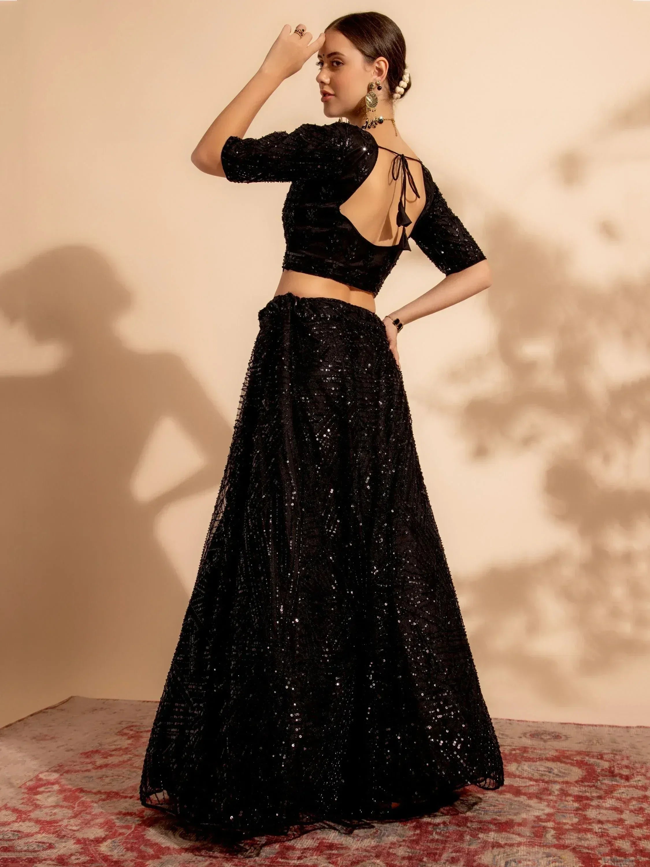 Black sequin lehenga choli with back tie blouse, ethnic Indian wear for weddings and parties