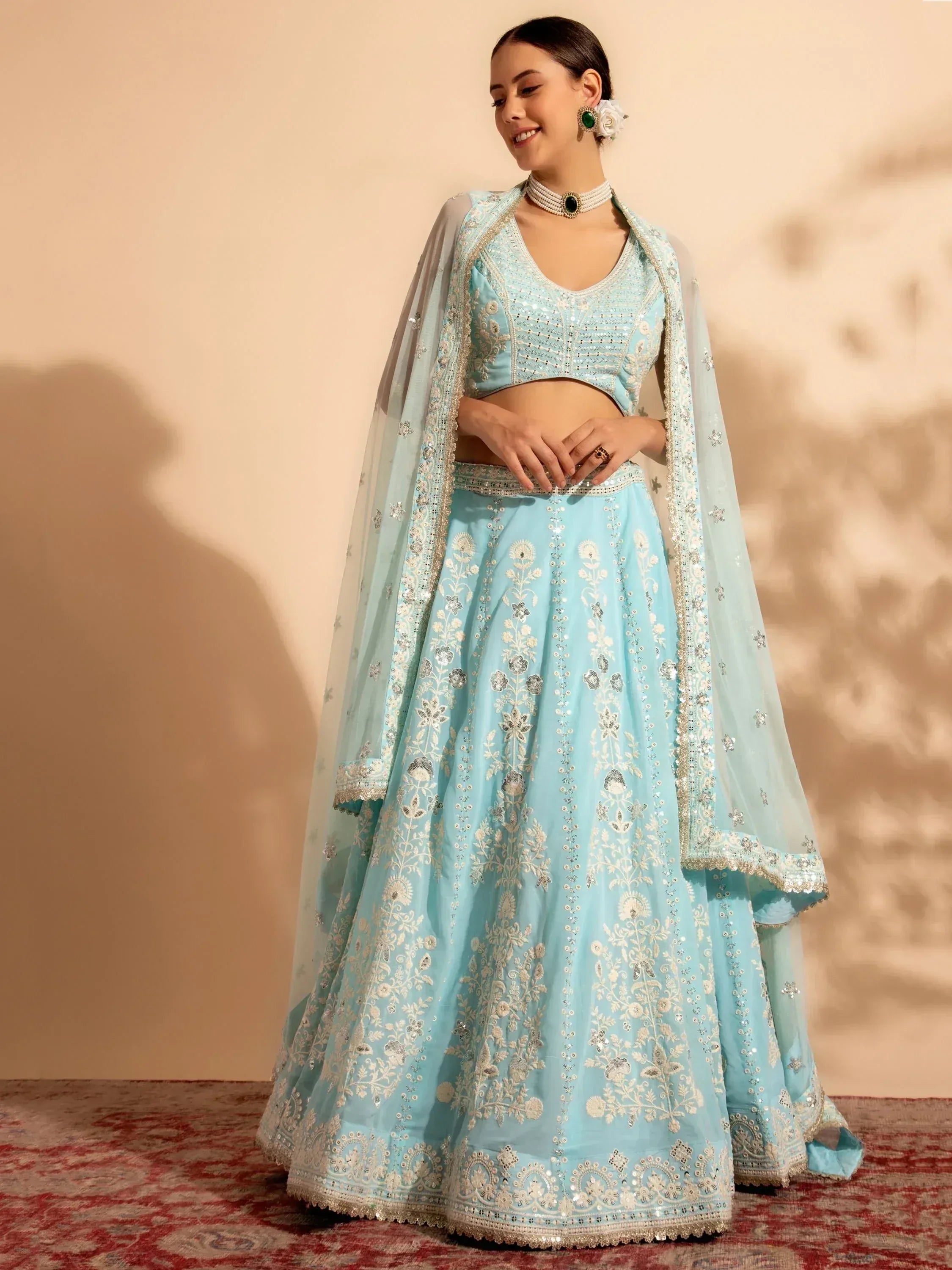 Light blue embroidered lehenga choli with dupatta, Indian ethnic wear for weddings and festivals