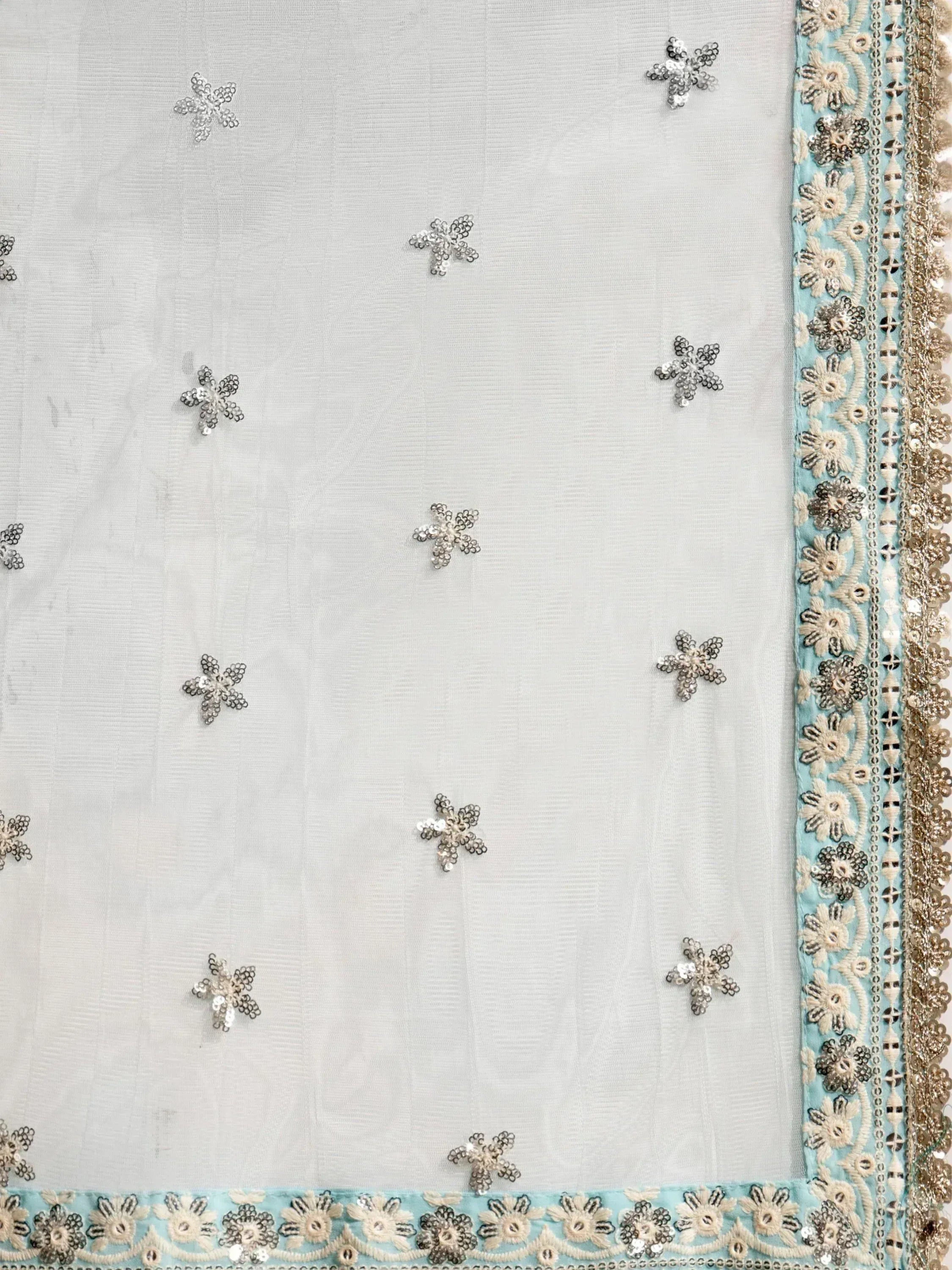 Light blue ethnic dupatta with silver sequin flowers and embroidered border