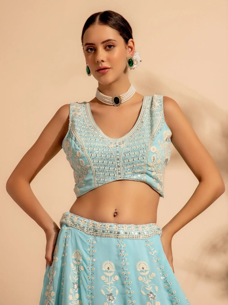 Charming Sky-Blue Sequins Georgette Sangeet Wear Lehenga Choli