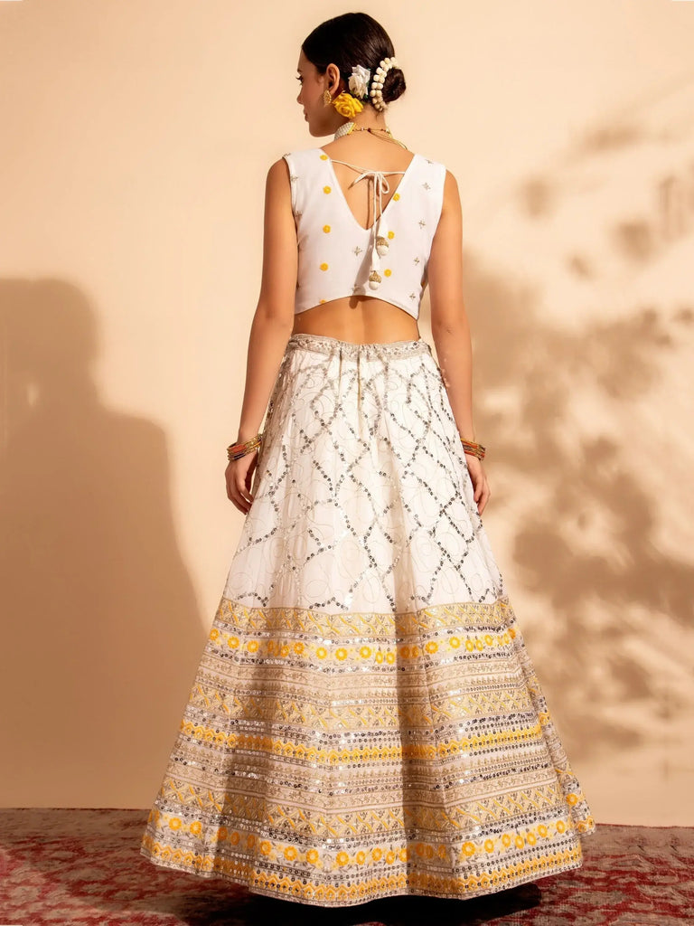 Magnetic White & Yellow Sequins Georgette Lehenga Choli With Dupatta
