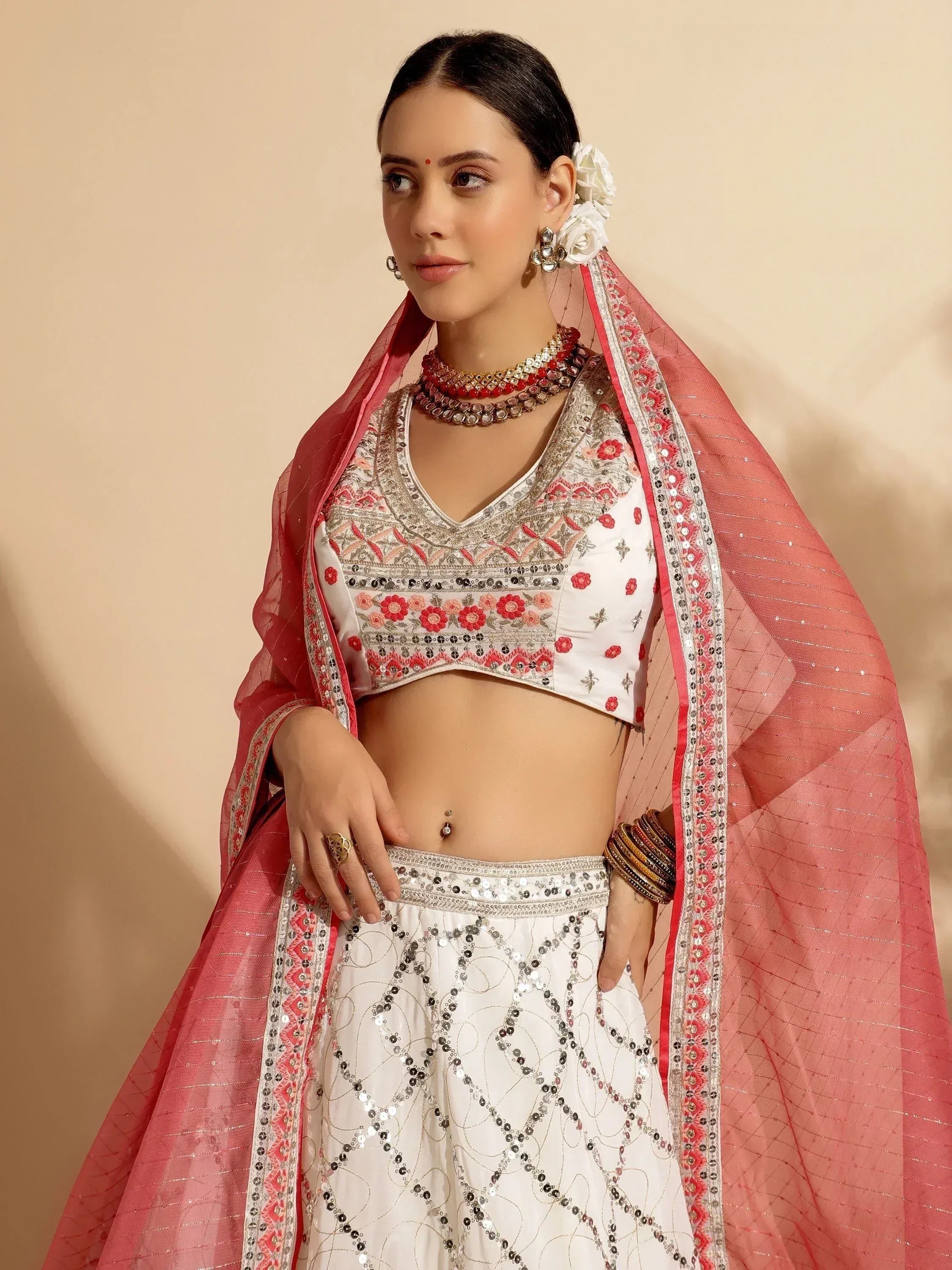 White and pink embroidered lehenga choli with sequin work and matching dupatta, perfect for Indian ethnic wear