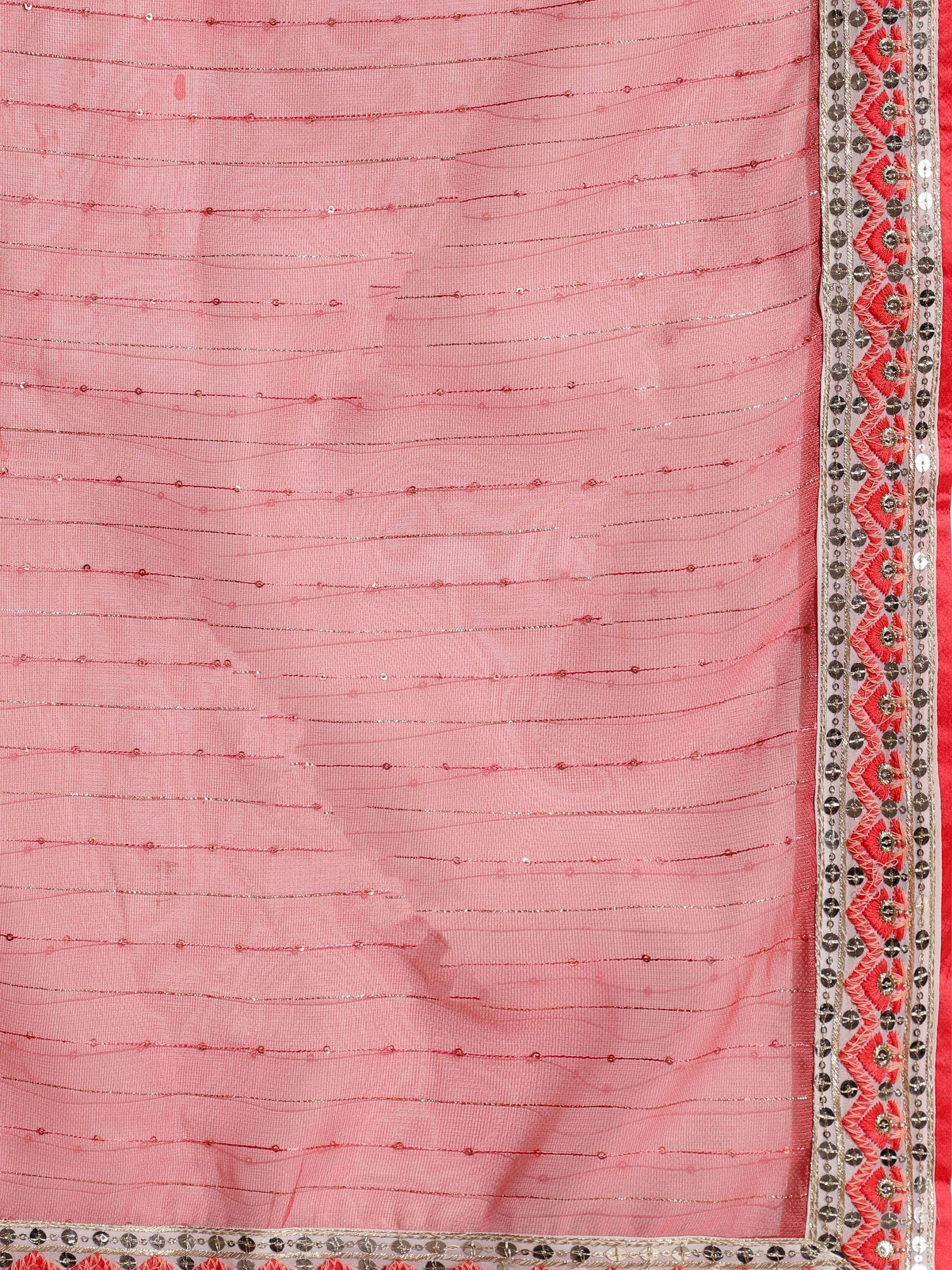 Pink ethnic saree with sequin border and thread embroidery detail