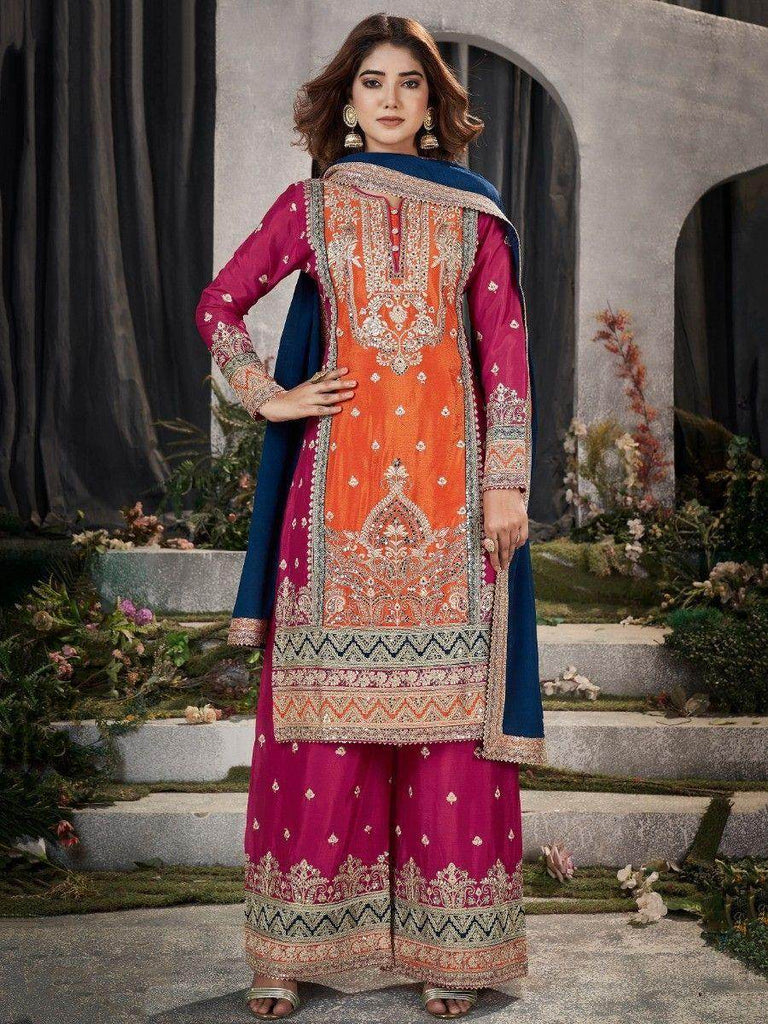 Stunning Orange & Pink Mirror Work Chinon Festival Wear Palazzo Suit