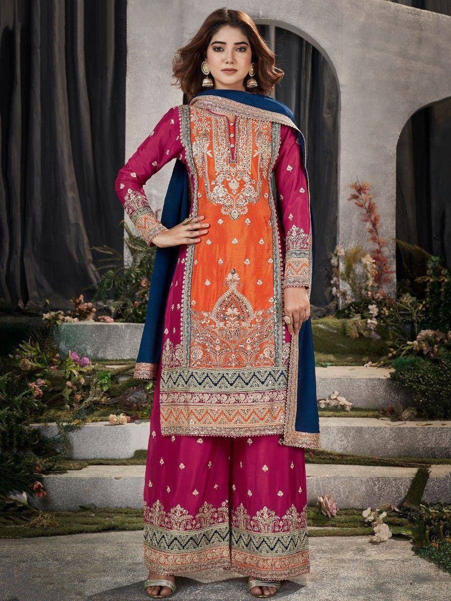 Orange and magenta embroidered salwar kameez with blue dupatta, ethnic Indian wear