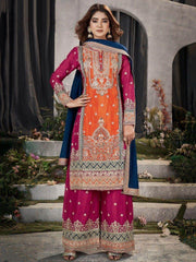 Stunning Orange & Pink Mirror Work Chinon Festival Wear Palazzo Suit