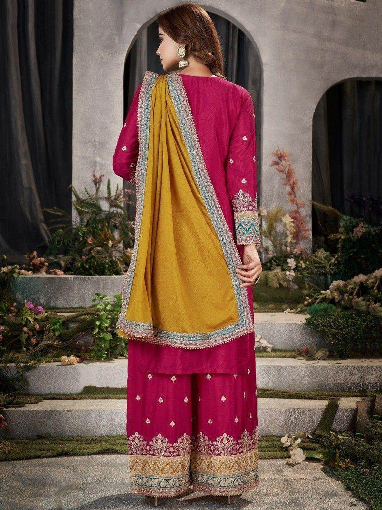 Glamorous Sky-Blue & Pink Embroidered Chinon Palazzo Suit With Dupatta