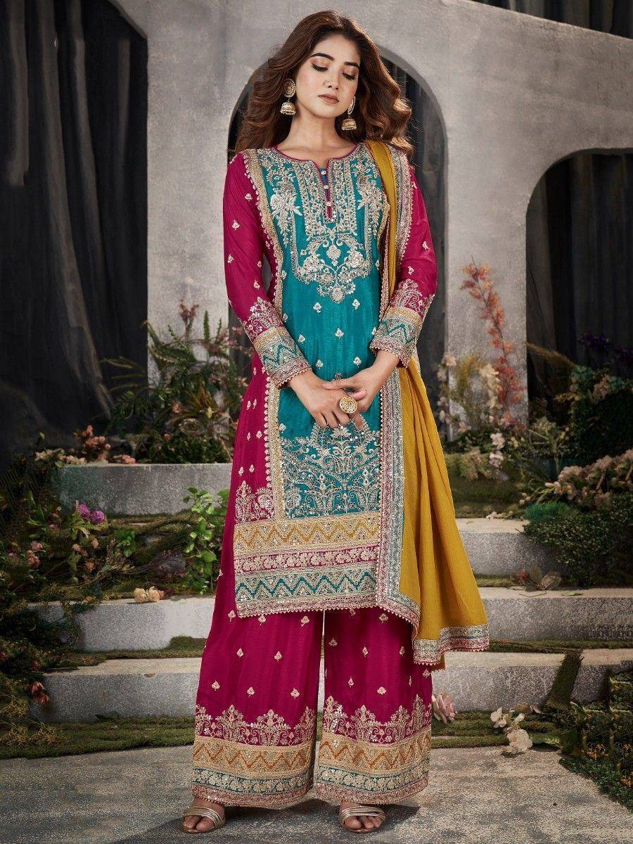 Teal and magenta embroidered salwar kameez with yellow dupatta, ethnic Indian wear for women