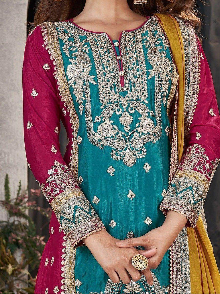 Glamorous Sky-Blue & Pink Embroidered Chinon Palazzo Suit With Dupatta
