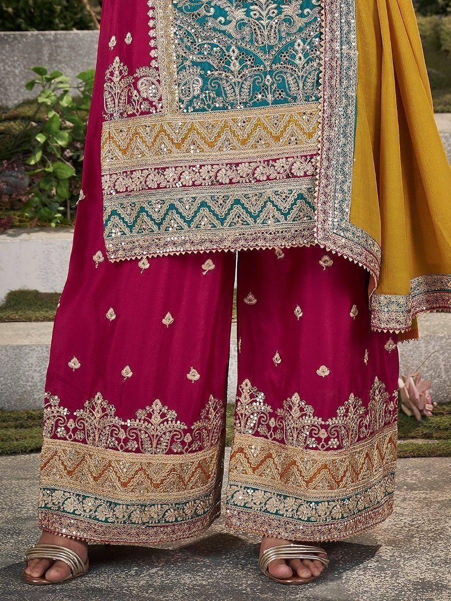 Maroon embroidered palazzo with gold and teal detailing, paired with matching dupatta for ethnic wear
