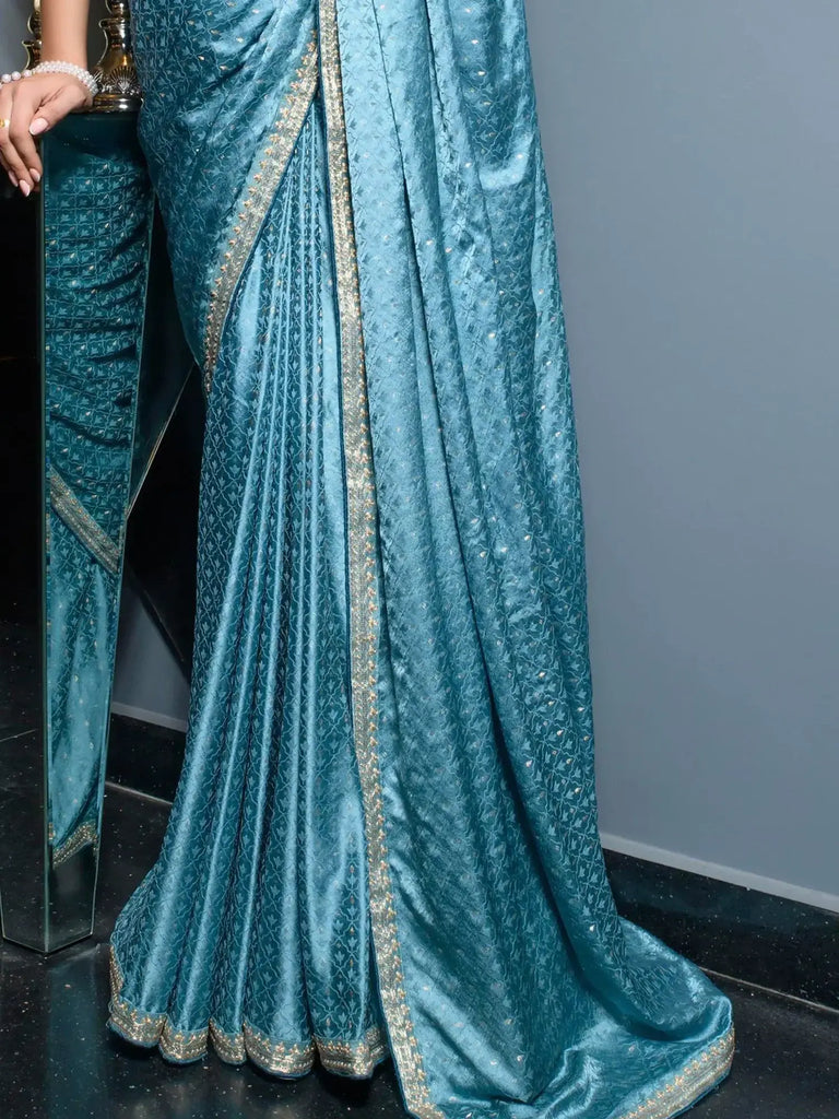 Gorgeous Sky-Blue Zari Weaving Satin Designer Saree With Blouse