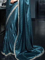 Alluring Blue Zari Weaving Satin Designer Saree With Blouse