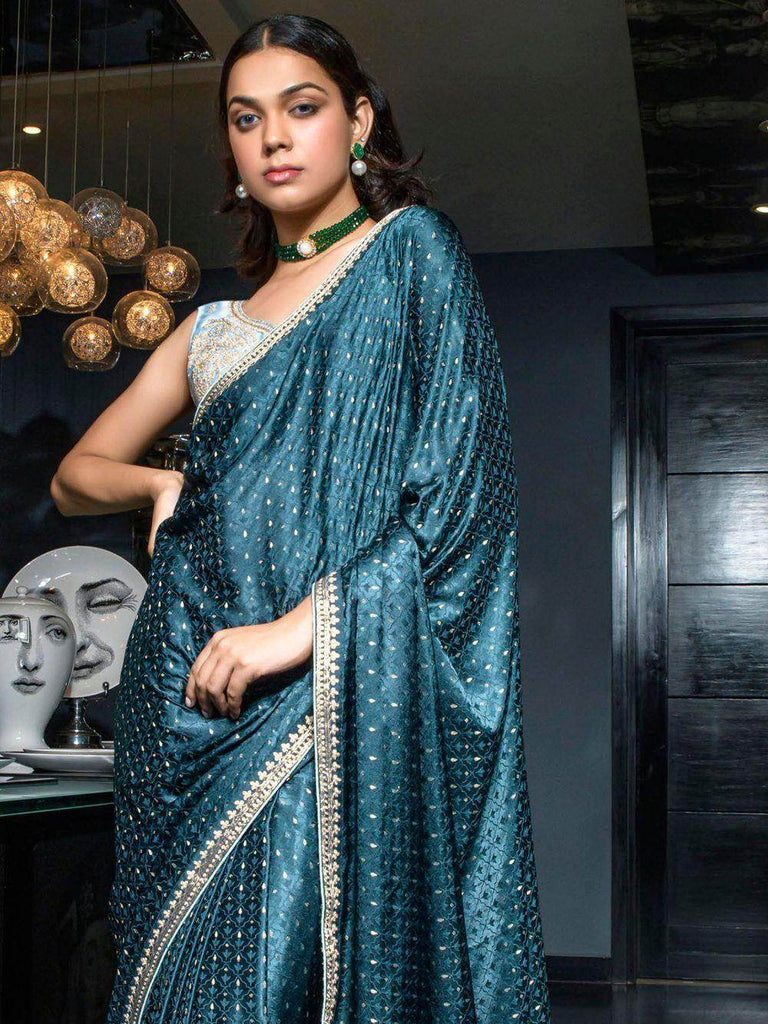 Alluring Blue Zari Weaving Satin Designer Saree With Blouse