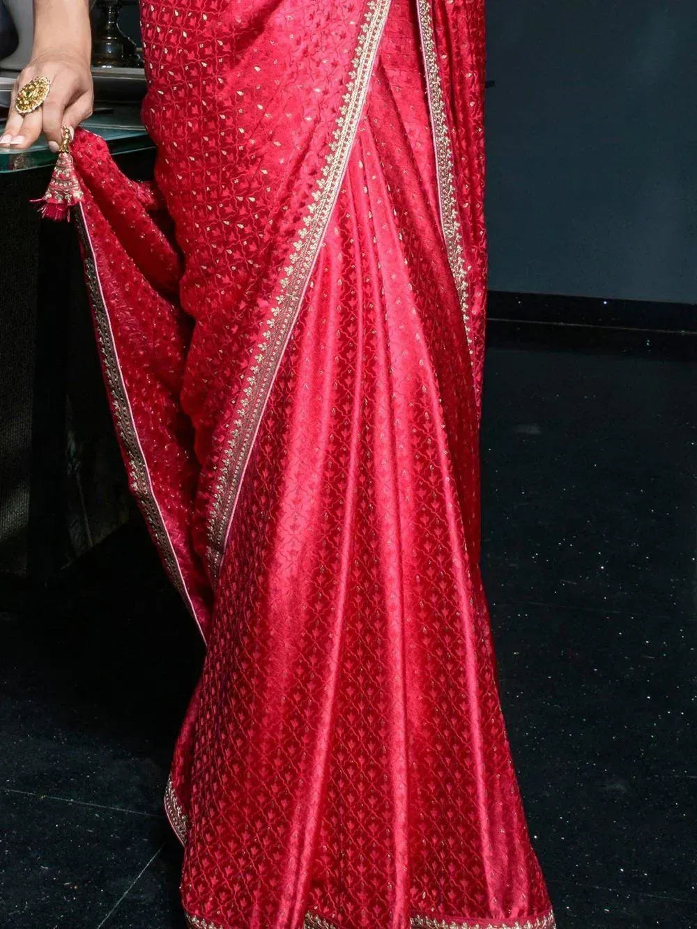 Red embroidered saree with gold border, Indian ethnic wear for women