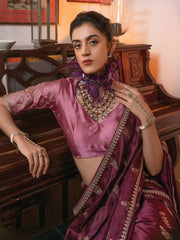 Attractive Wine Zari Weaving Satin Wedding Wear Saree With Blouse