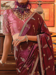 Attractive Wine Zari Weaving Satin Wedding Wear Saree With Blouse