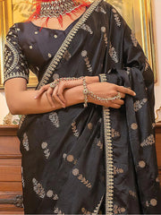 Amazing Black Zari Weaving Satin Reception Wear Saree With Blouse