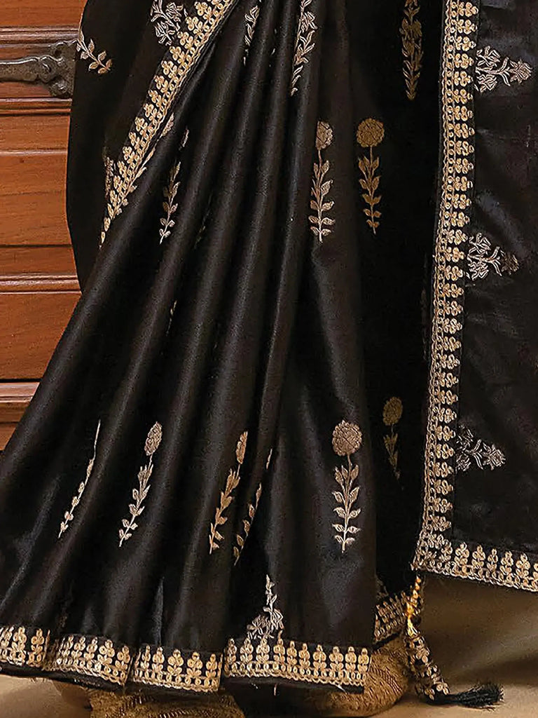 Amazing Black Zari Weaving Satin Reception Wear Saree With Blouse