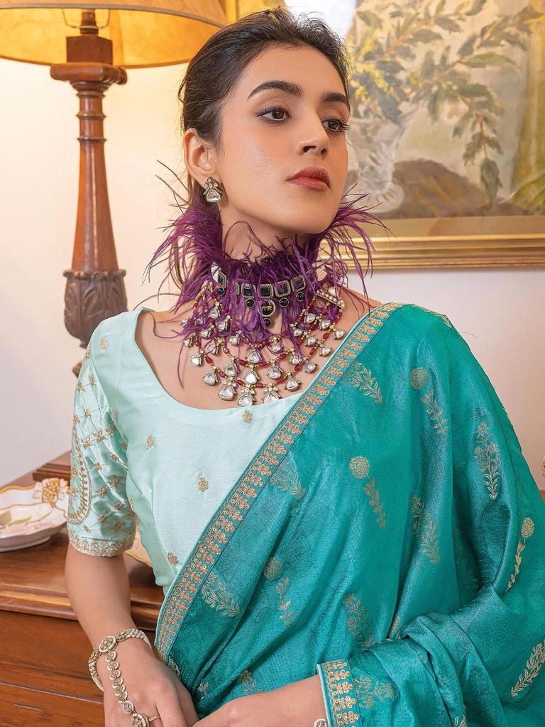 Marvelous Teal Blue Zari Weaving Satin Festival Wear Saree With Blouse